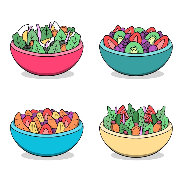 Gratis vector fruit- en saladekommen handgetekend ontwerp