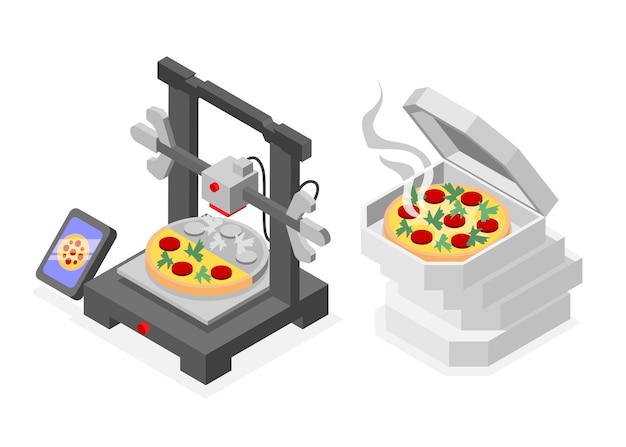 Futuristisch voedsel isometrisch ontwerpconcept met driedimensionale printer die pizza afdrukt met synthetisch vlees vectorillustratie