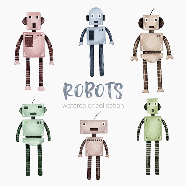 Futuristische aquarel cartoon humanoïde robot set voor stickers en emoji avatars