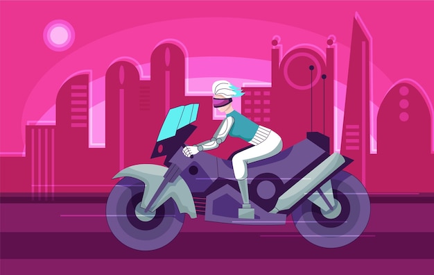 Gratis vector futuristische cyberpunk mensen stedelijke achtergrond met vrouwelijke robot racen snel op motorfiets platte vector illustratie