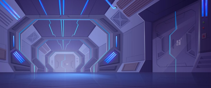 Gratis Vector futuristische ruimteschip metalen deur op schip interieur achtergrond 2d digitale laboratorium station met neon licht in slot gang binnenshuis met schuifbare stalen poort spel geheime kamer vector cartoon illustratie