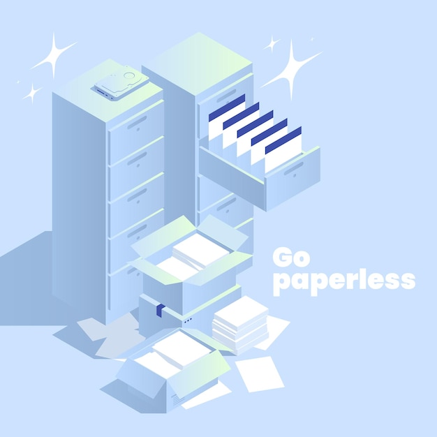Ga papierloos isometrisch concept met stapels papieren en documenten in mappen 3d vectorillustratie