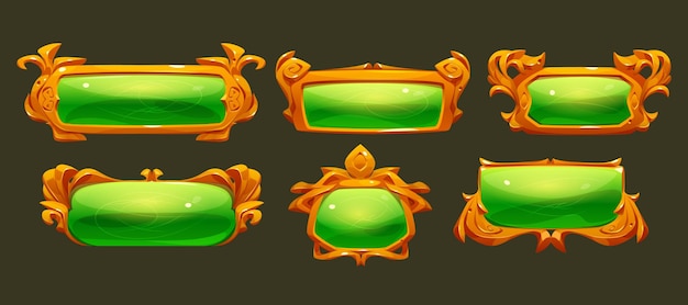 Game ui frames groene middeleeuwse randen met gouden velgen interface menu-elementen knoppen banners of bord borden met gouden sierlijke vignet en glazen platen lege koninklijke gui-bars cartoon vector set