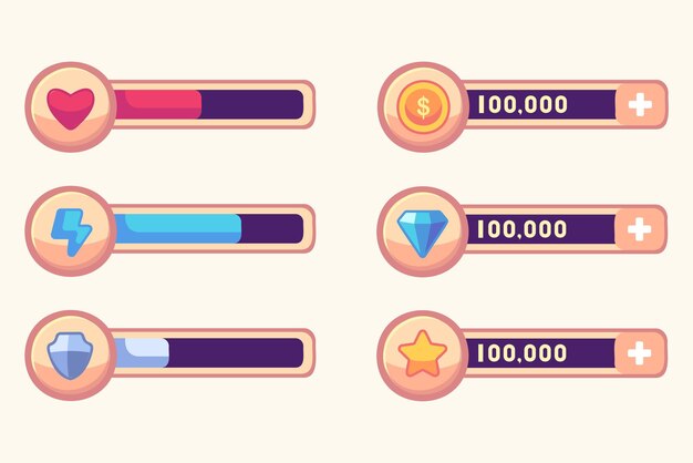 Game UI kit Set gebruikersinterface GUI om 2D-games te bouwen Casual Game Vector Kan worden gebruikt in mobiele of webgames Vectorillustratie