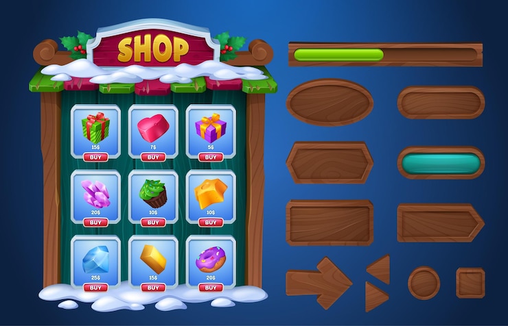 Gratis Vector game ui menu boards knoppen en winkel ontwerp