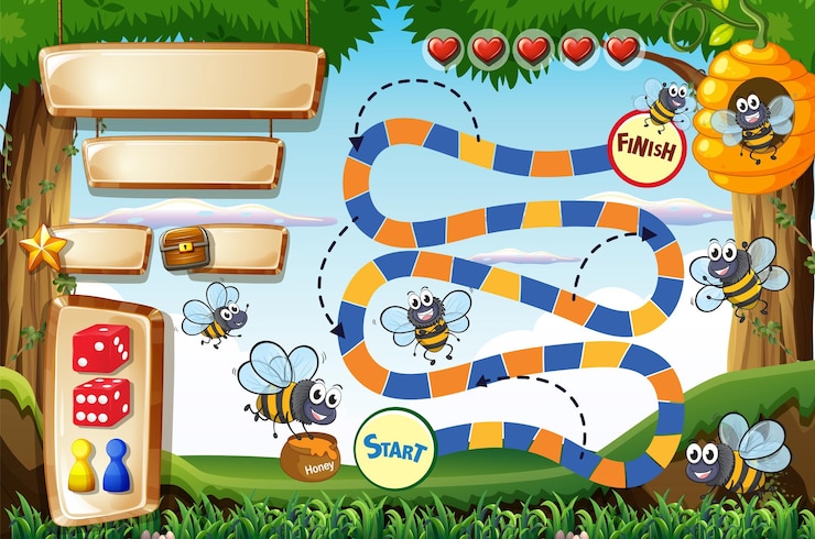 Gratis Vector gamedesign met bijen die in het bos vliegen