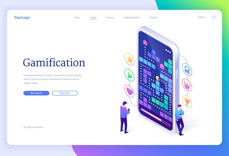 Gratis Vector gamification. interactieve game-applicatie online bestemmingspagina