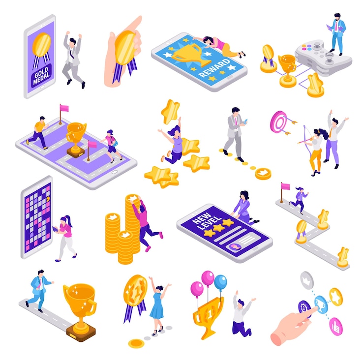 Gratis Vector gamification isometrische set van mensen die games spelen en beloningen krijgen geïsoleerde 3d-vectorillustratie
