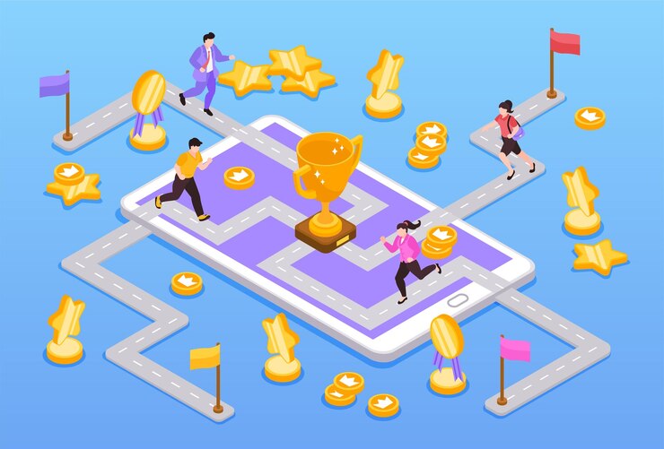 Gratis Vector gamification-spelstrategie in het isometrische concept van bedrijfs- en onderwijsprocessen met volwassen mensen die rennen om 3d-vectorillustratie te voltooien