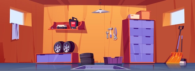 Gratis vector garage-interieur met reparatiegereedschap en autobanden
