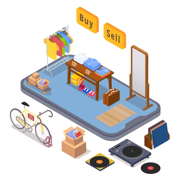 Gratis vector garage sale isometrisch concept met mobiele telefoon en vintage goederen vectorillustratie