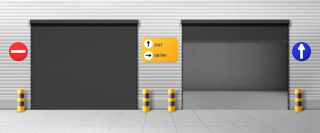 Garagedeuren, ingangen van commerciële hangar met rolluiken en borden. magazijn dicht, open dozen, realistische 3d-opslag voor het parkeren of huren van auto's, kamers voor reparatieservice met metalen deuropeningen