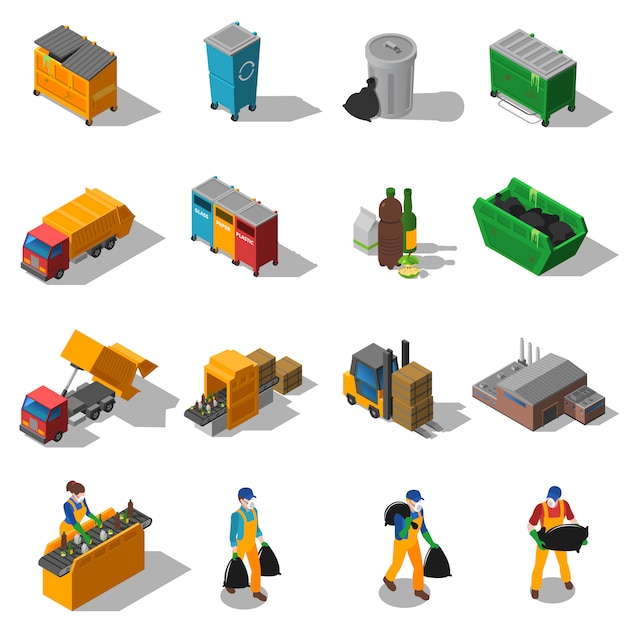 Garbage recycling isometric icons collection