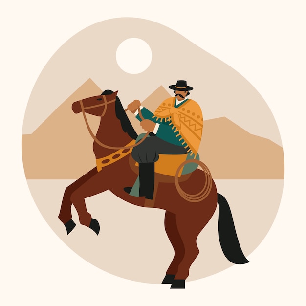 Gratis vector gaucho die een paard berijdt in woestijnillustratie in vlakke stijl