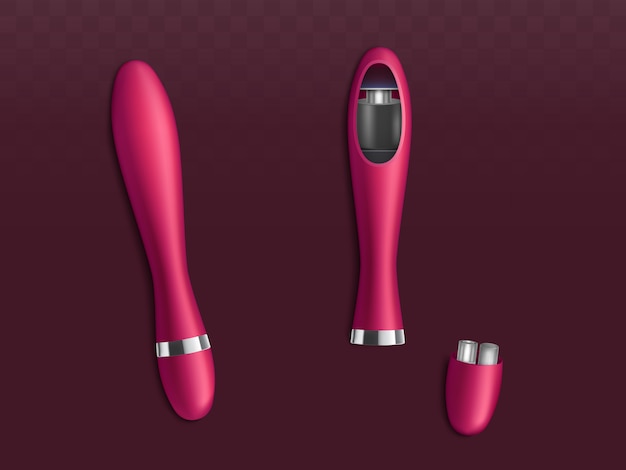 Geassembleerde, gedemonteerde vibrators, 3d-realistisch met batterijen, interne motor doorsnede illustratie. seksenspeeltje voor vrouwen uitleg over werkmechanisme