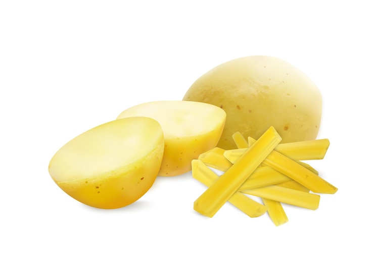 Gratis Vector gebakken aardappelen realistische compositie met lege achtergrond en uitzicht op gesneden aardappelen met frietjes stokken vectorillustratie