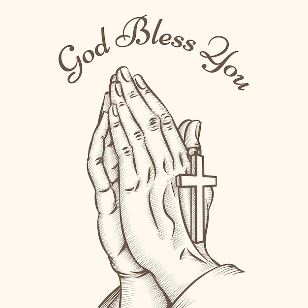 Gratis vector gebed hand met kruis. religieus en god, bid en heilig, spiritualiteit en kruisbeeld