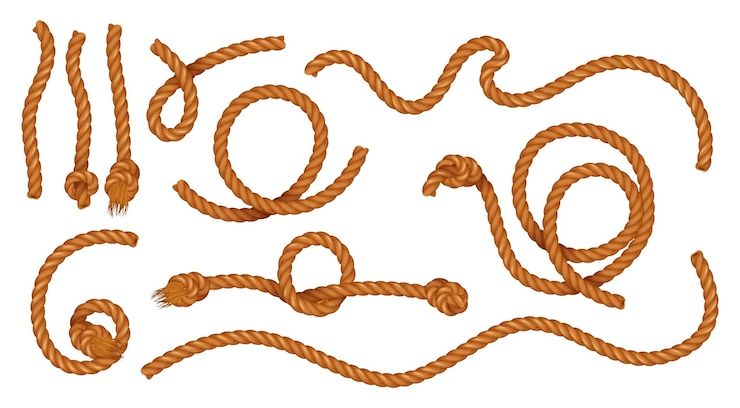 Gratis Vector gebogen stukken natuurlijke jutekoorden met kruidnagelknoopknopen die bij witte vectorillustratie worden geïsoleerd als achtergrond