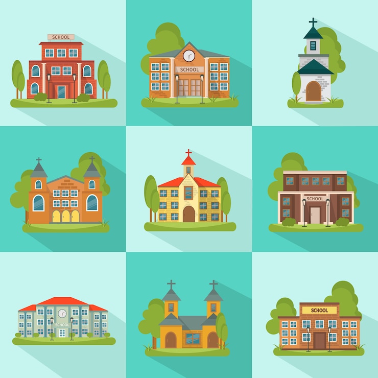Gratis Vector gebouw gekleurde en geïsoleerde set met school kerk gemeentelijke gebouwen in pleinen