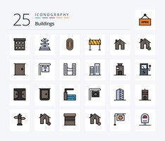 Gratis vector gebouwen 25 line filled icon pack inclusief adres obstakel gebouwen constructie barrière