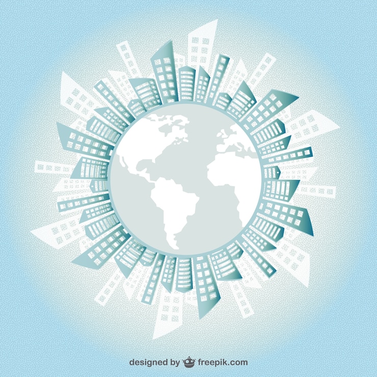 Gratis Vector gebouwen silhouet rond de aarde