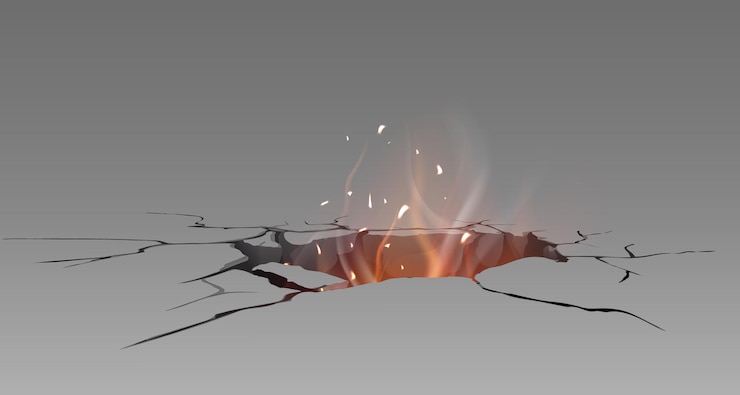 Gratis Vector gebroken grond- of wandoppervlak met vuurlicht