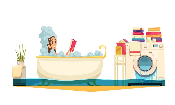 Gratis Vector gebroken wasmachine badkamer overstroming nood cartoon samenstelling met het nemen van bad vrouw nodig loodgieter hulp