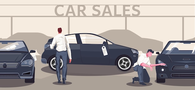 Gebruikte auto markt platte samenstelling van bewerkbare tekst auto silhouetten en verschillende modellen met koper karakters illustratie