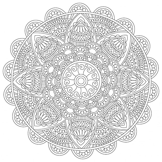 Gratis vector gedetailleerd floral mandala ontwerp, vintage decoratief element voor kleurboek, mooi artistiek oosters patroon voor anti-stress therapie.