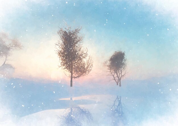 Gedetailleerd pastelkleurig handgeschilderd winterzonnewende landschap