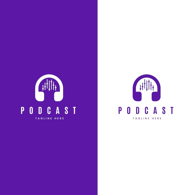 Gedetailleerd podcastlogo op witte en violette achtergrond