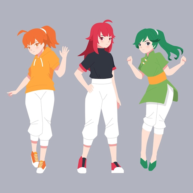 Gratis vector gedetailleerde anime-personages voor meisjes
