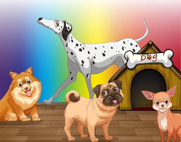 Gratis vector gedomesticeerde honden stripfiguur op regenbooggradiëntachtergrond