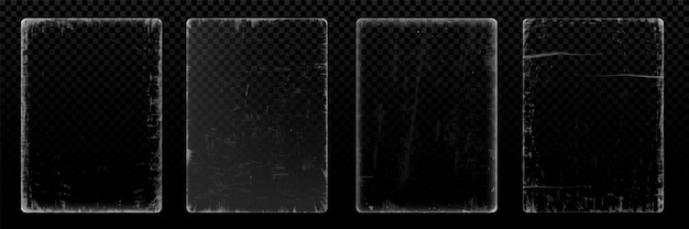 Gedragen grunge vinyl textuur realistische vector illustratie mockup met oude en verontruste papieren foto of cd disc cover frame met transparant overlay effect rechthoekig patroon met verouderde ruwe rand