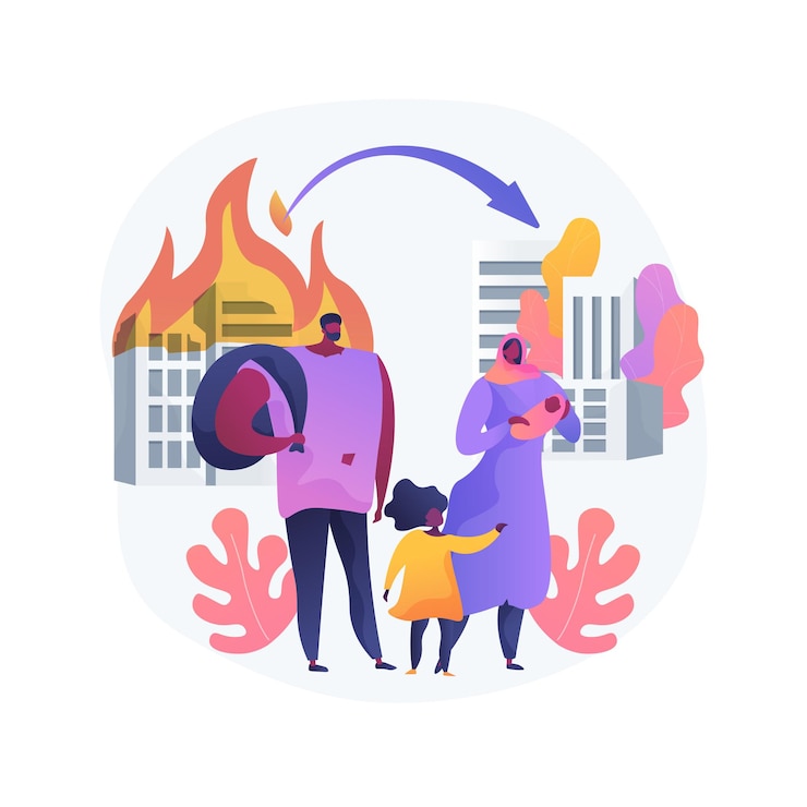 Gratis Vector gedwongen migratie abstract concept vectorillustratie. beweging van mensen, gedwongen ontheemding, vluchtelingengroep, vluchten voor oorlog, reizen met tassen, terugkeer naar huis, ontheemden abstracte metafoor.