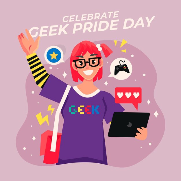 Geek-trotsdag gelukkige vrouw die glazen dragen