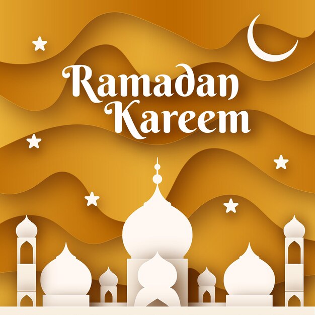 Geel en wit gouden papier knippen stijl gratis vector eid mubarak ramadan seizoen festival poster