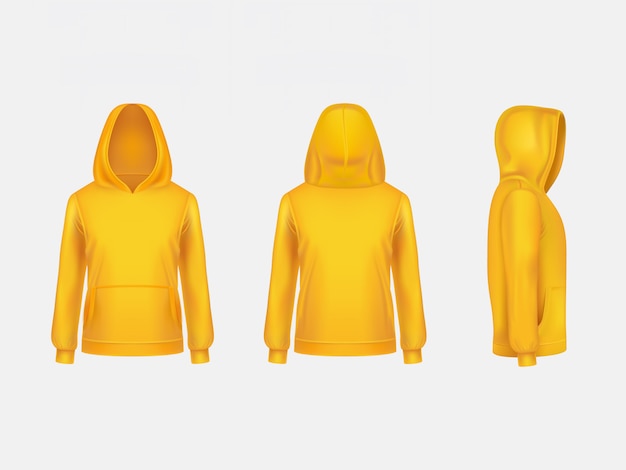 Geel sweatshirt met capuchon 3d realistische mockup sjabloon op witte achtergrond.