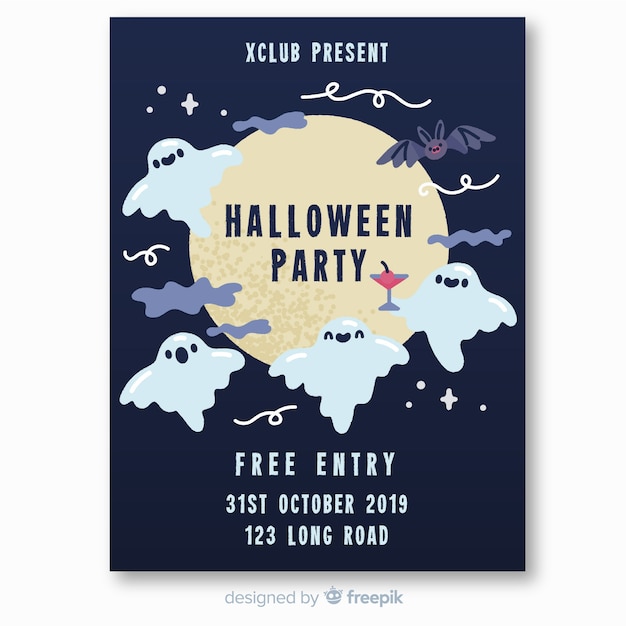 Gratis vector geest en vleermuizen die halloween-partijaffiche vliegen