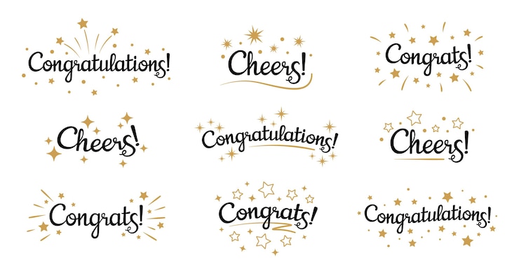 Gratis Vector gefeliciteerd belettering. felicitatie tekstlabels, cheers ondertekenen versierd met gouden uitbarsting en sterren en gefeliciteerd