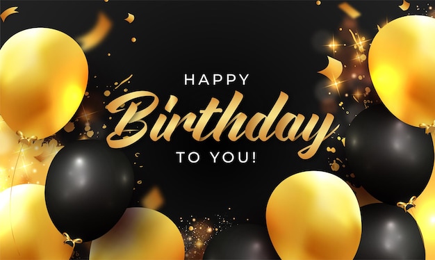 Gefeliciteerd met je verjaardag kaart met ballonnen frame en gouden letters Premium Vector