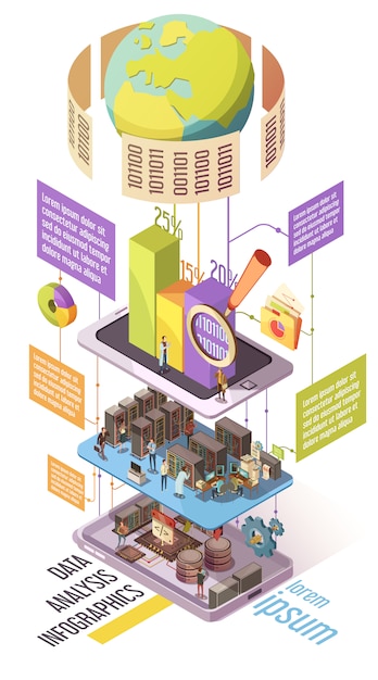 Gratis vector gegevensanalyse isometrische infographics met globale informatiegrafieken