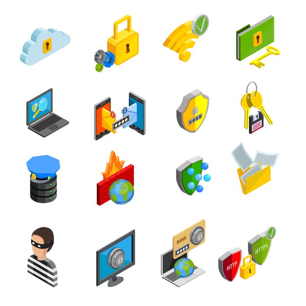 Gegevensbescherming Isometrische Icons Set