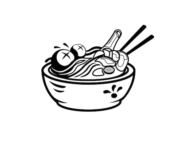 Gehaktbal noodle op kom indonesische straatvoedsel logo mascotte illustratie op kaderstijl vector