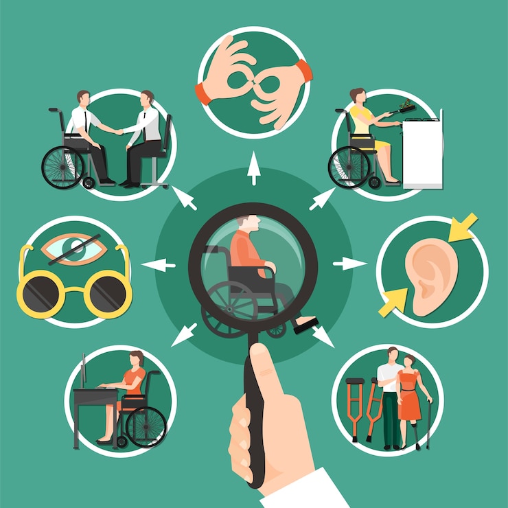 Gratis Vector gehandicapte samenstelling met geïsoleerde icon set gecombineerd rond gehandicapte persoon die in een rolstoel zit