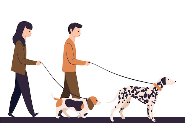 Gratis vector geïllustreerde mensen die hun hond lopen