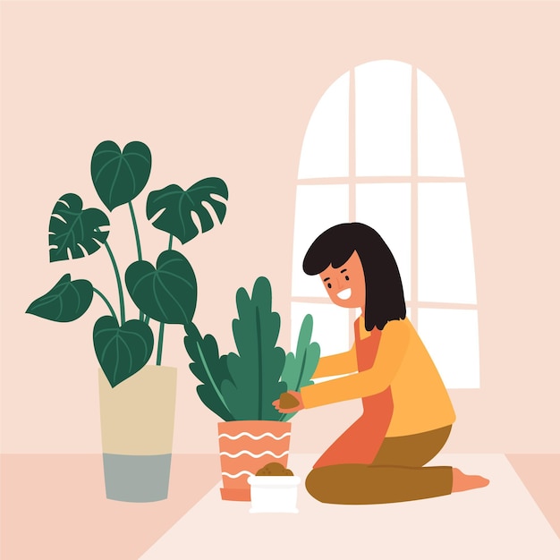 Geïllustreerde vrouw die thuis tuiniert