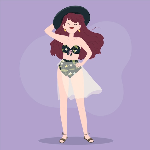 Gratis vector geïsoleerd meisje in bikini die in vlakke ontwerpstijl wordt geplaatst