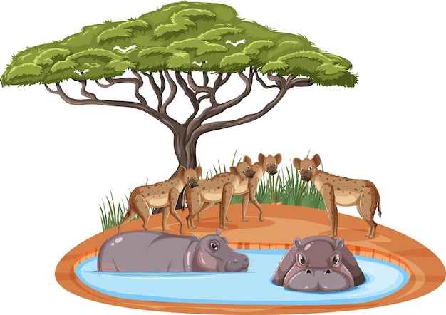 Gratis vector geïsoleerd savannebos met hyena's en nijlpaarden