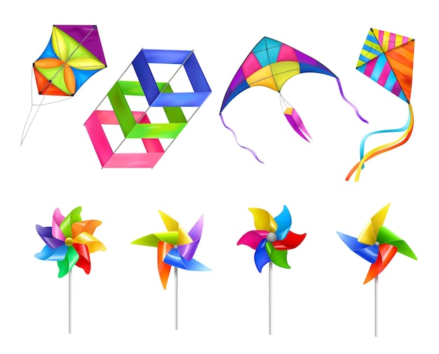 Geïsoleerde en realistische vlieger windmolen speelgoed icon set met speelgoed in verschillende maten vliegen in de lucht vectorillustratie